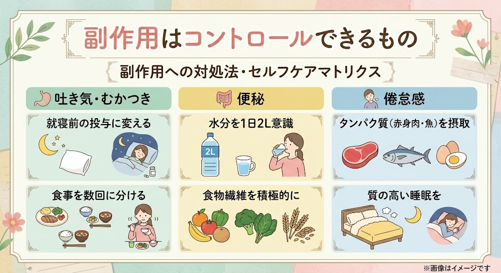 副作用をコントロールする方法のまとめ。吐き気（投与時間の変更・分食）、便秘（水分・食物繊維）、倦怠感（タンパク質摂取・睡眠）の具体的な対策案。