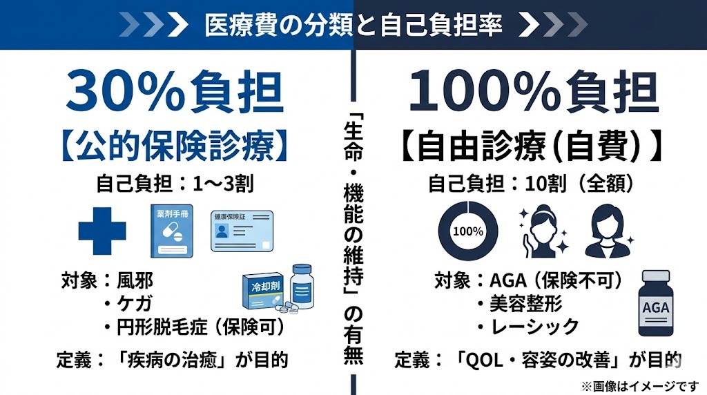 医療費の分類と自己負担率の比較図。左側に公的保険診療（3割負担・疾病の治療目的）、右側に自由診療（10割負担・容姿の改善目的）を配置し、AGAが全額自己負担の自由診療に該当することを示した図解。