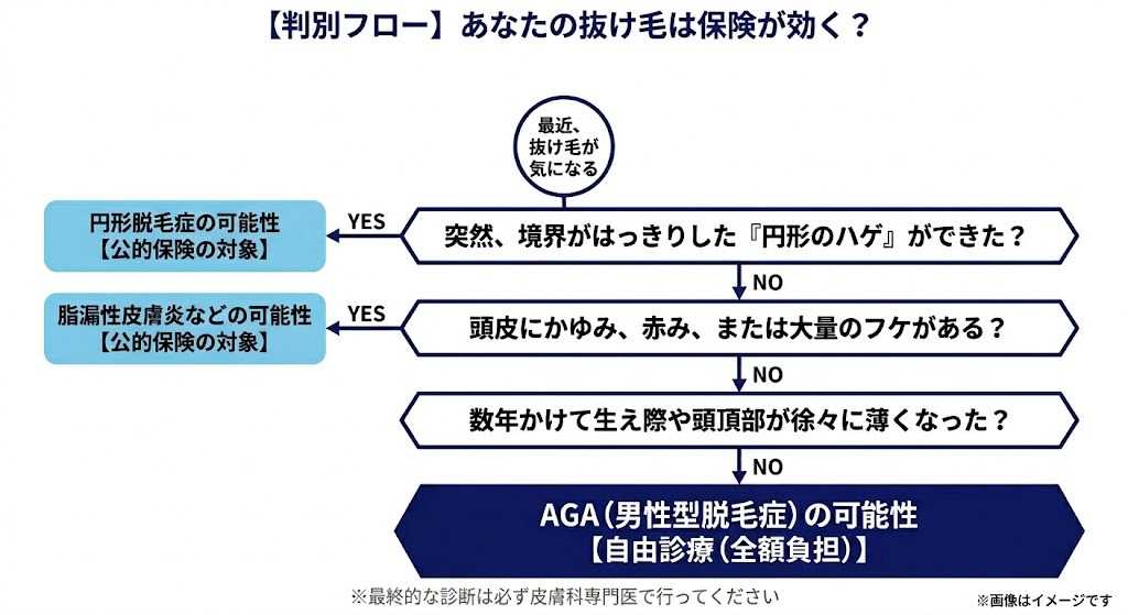 抜け毛の種類と保険適用の可否を判定するフローチャート。円形脱毛症や脂漏性皮膚炎は保険対象の可能性がある一方、数年かけて徐々に進行するAGAは自由診療（全額負担）に該当することを確認する流れ。