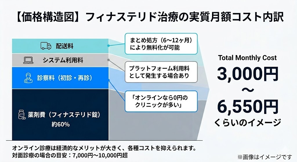 フィナステリド治療の実質月額コスト内訳の図解。薬剤費（約60%）、診察料（オンラインなら0円）、システム利用料、配送料で構成され、月額3,000円〜6,550円程度が目安。まとめ処方による配送料無料化などの節約ポイントを記載。