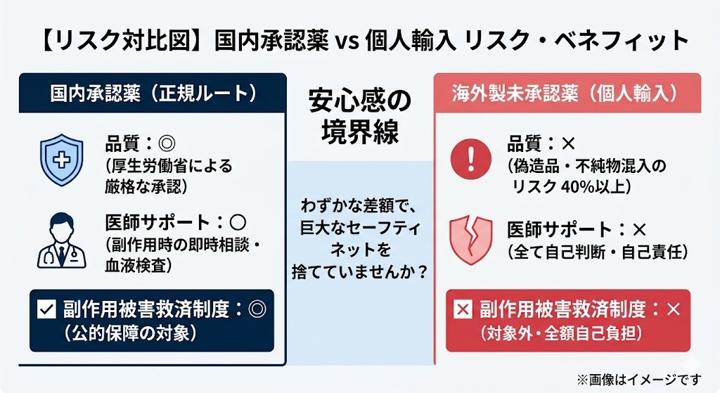 国内承認薬と個人輸入のリスク・ベネフィット比較図。国内承認薬は品質保証、医師サポート、副作用被害救済制度がある一方、個人輸入は偽造品の混入リスクが40%以上あり救済制度も対象外であることを説明。