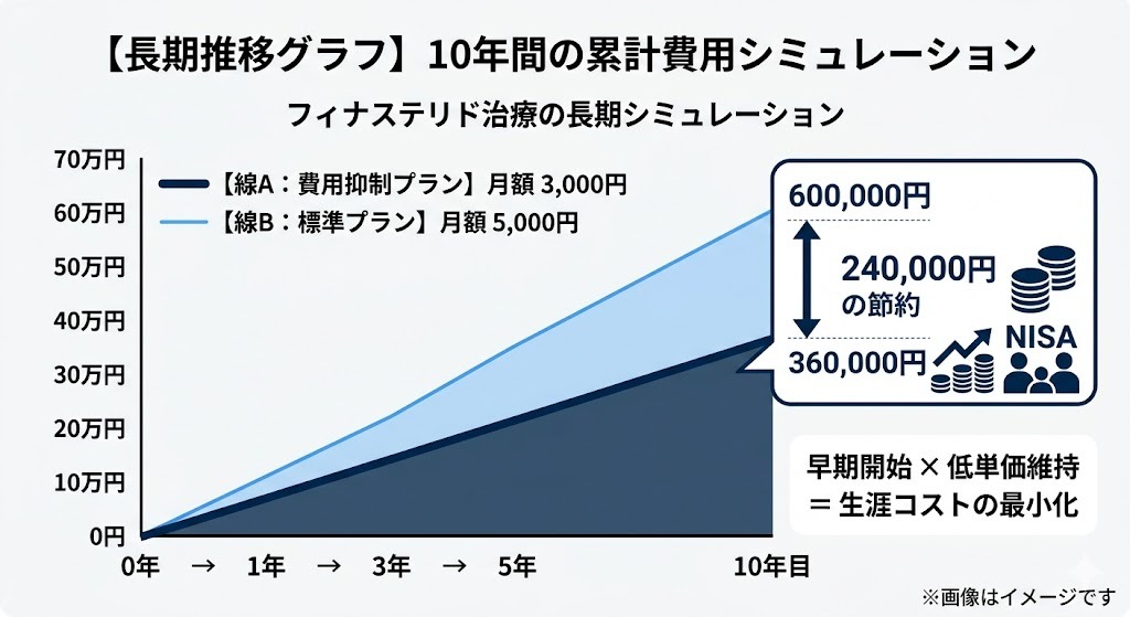 フィナステリド治療の10年間累計費用シミュレーション。月額3,000円の費用抑制プランと5,000円の標準プランを比較し、10年間で最大24万円の節約が可能であることを示す折れ線グラフ。早期開始と低単価維持による生涯コスト最小化を推奨。
