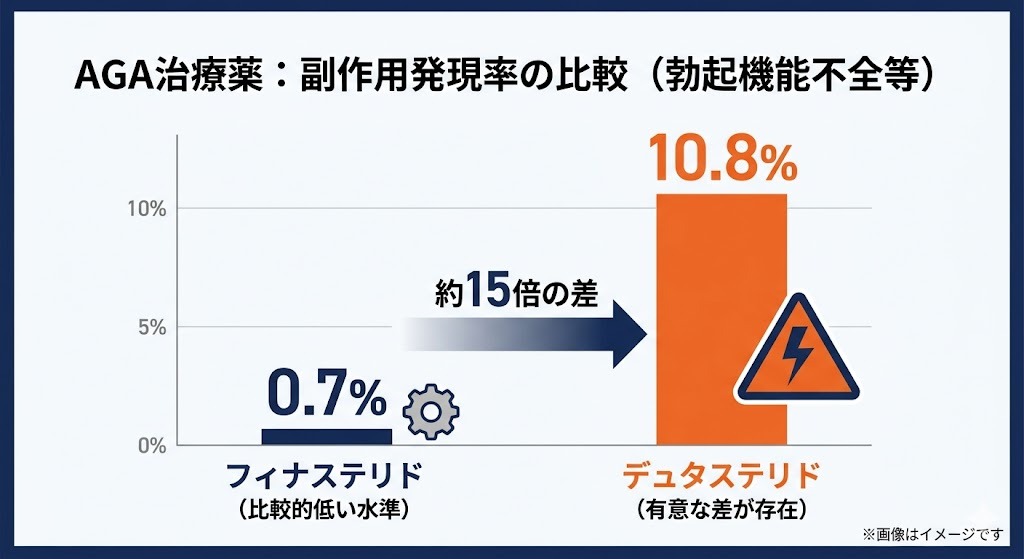 AGA治療薬の副作用（勃起機能不全等）発現率の比較グラフ。フィナステリドの0.7%に対し、デュタステリドは10.8%と約15倍の差があることを示す統計データ。