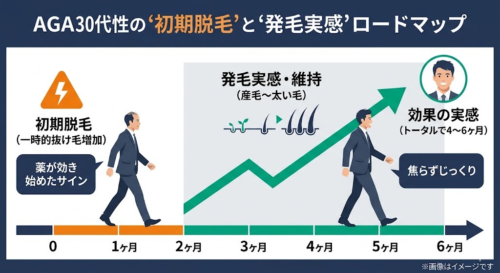 30代男性のAGA治療ロードマップ。開始から2ヶ月までの「初期脱毛（薬が効き始めたサイン）」を経て、6ヶ月にかけて「発毛実感・維持」へと向かう経過を示した図解。