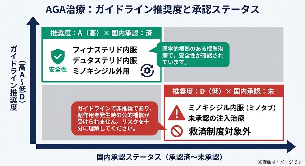 AGA治療のガイドライン推奨度と国内承認ステータスのマトリックス図。フィナステリド・デュタステリド内服などは「推奨度A・承認済」、ミノキシジル内服などは「推奨度D・未承認（救済制度対象外）」であることの解説。