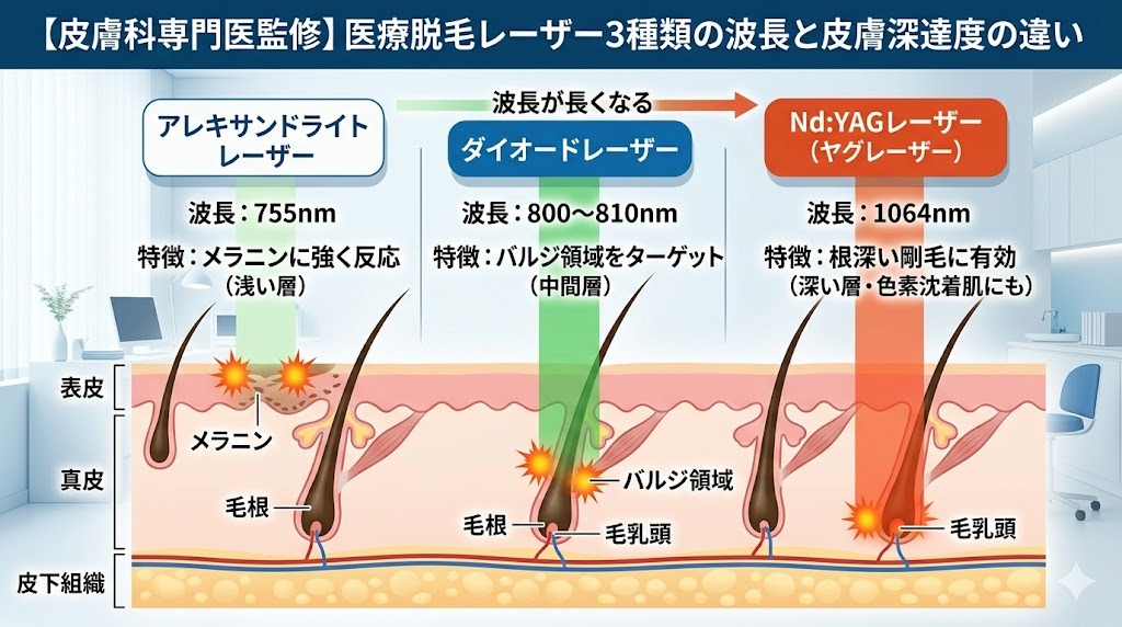 医療脱毛レーザー3種類(アレキサンドライト、ダイオード、ヤグレーザー)の波長の長さと皮膚への深達度の違い