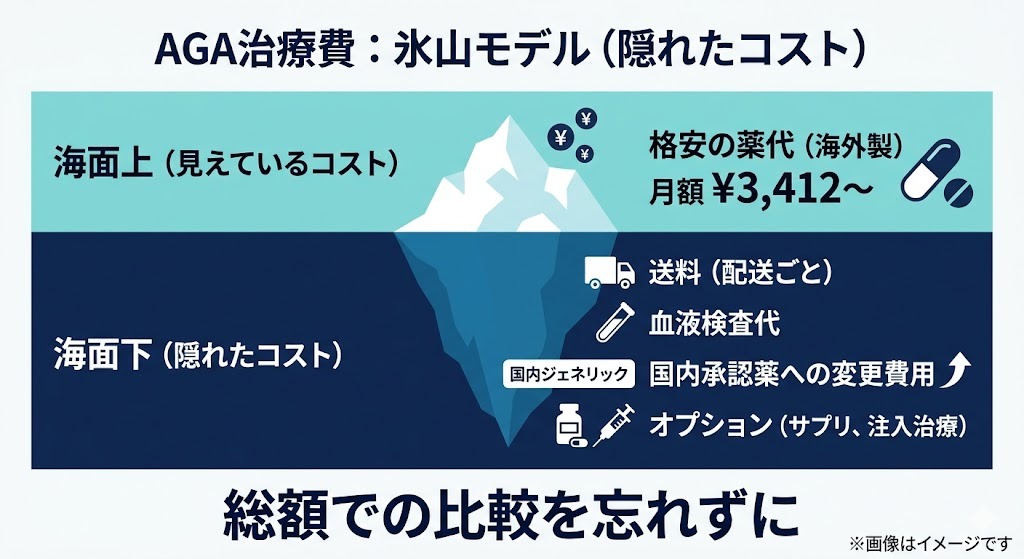 AGA治療費の氷山モデル図。表面上の「格安な薬代（海外製）」の下に、送料、血液検査代、国内承認薬への変更費用、オプション代などの「隠れたコスト」が存在することへの注意喚起。