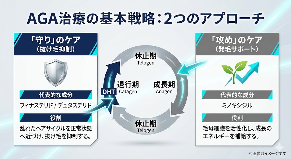 AGA治療の2つの基本戦略、「守り（抜け毛抑制）」と「攻め（発毛サポート）」のアプローチを比較する図解。ヘアサイクルの正常化と、毛母細胞の活性化というそれぞれの役割と対応する成分（フィナステリド、デュタステリド、ミノキシジル）を示している。