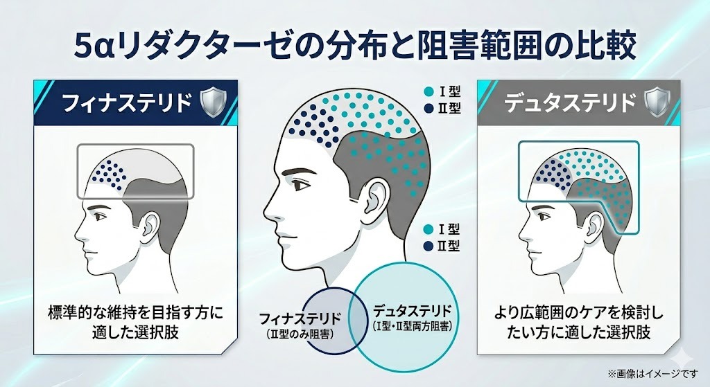 5αリダクターゼのI型とII型の頭部分布と、フィナステリドとデュタステリドの阻害範囲の違いを示す比較図。フィナステリドはII型のみ、デュタステリドはI型とII型の両方を阻害することを示している。
