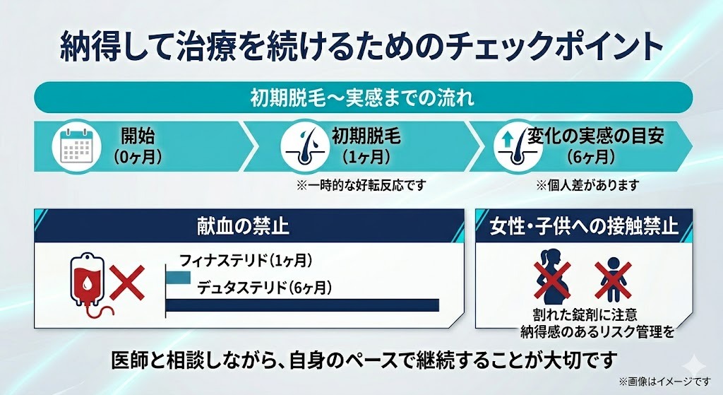 AGA治療を継続するためのチェックポイントを示すインフォグラフィック。治療開始から6ヶ月までのタイムライン（初期脱毛含む）、フィナステリド・デュタステリド服薬中の献血禁止、および女性・子供への接触禁止の警告が掲載されている。