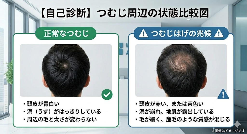 つむじ周辺の状態比較図。左側は「正常なつむじ」で、頭皮が青白く渦がはっきりしており毛が太い。右側は「つむじはげの兆候」で、頭皮が赤・茶色っぽく、渦が崩れて地肌が露出し、毛が細く産毛が混じっている状態を説明。