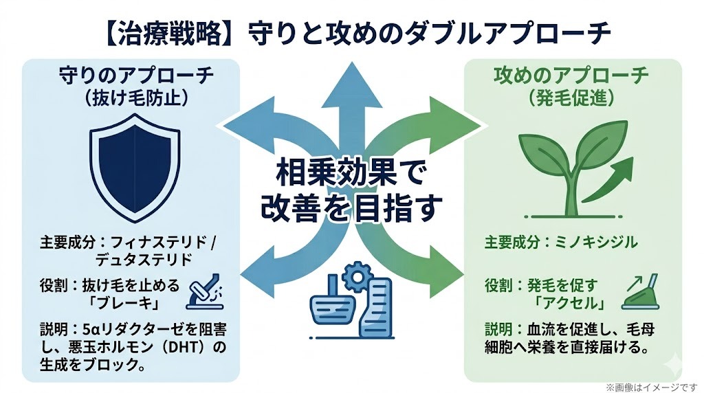 AGA治療の「守りと攻めのダブルアプローチ」解説図。フィナステリドやデュタステリドによる抜け毛防止の「守り（ブレーキ）」と、ミノキシジルによる発毛促進の「攻め（アクセル）」の相乗効果で改善を目指す仕組みを図解。