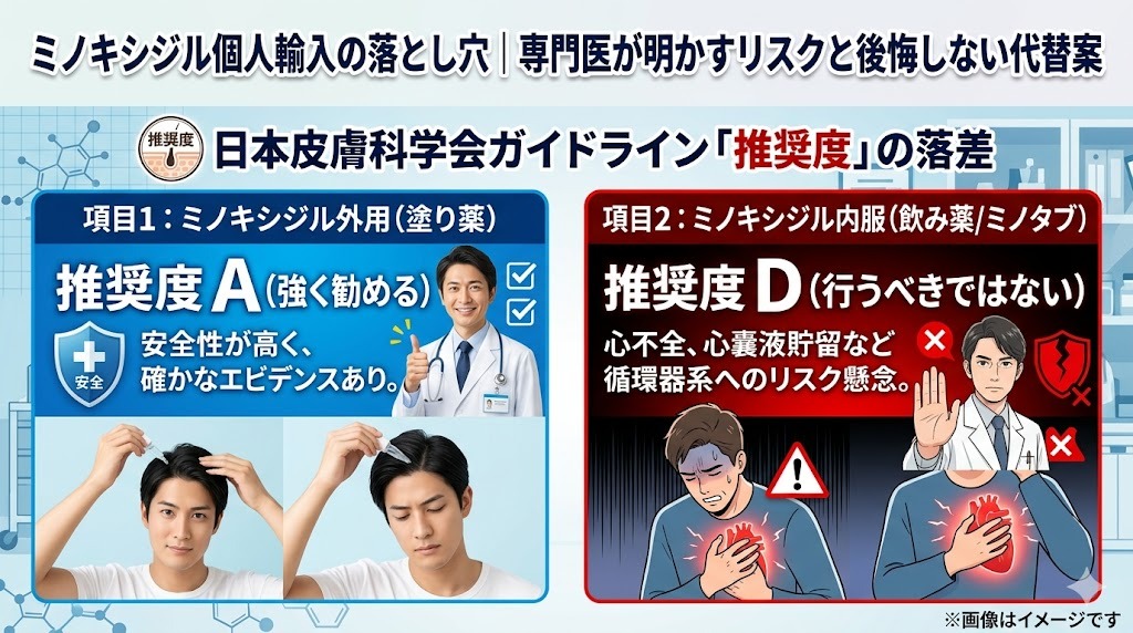 日本皮膚科学会ガイドラインによるミノキシジルの推奨度の違い。外用薬（塗り薬）は推奨度A（強く勧める）である一方、内服薬（飲み薬）は推奨度D（行うべきではない）とされており、心不全などの循環器系リスクへの懸念が示されています。