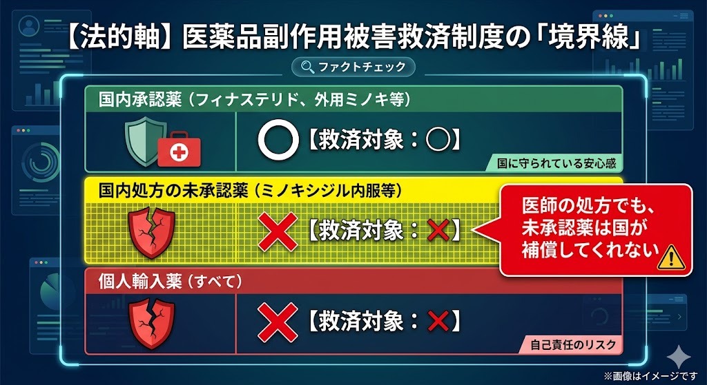 医薬品副作用被害救済制度の対象範囲を示す図。国内承認薬は救済対象（○）ですが、ミノキシジル内服薬などの国内処方の未承認薬や、すべての個人輸入薬は救済対象外（×）であることを解説しています。