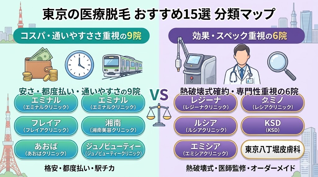 東京の医療脱毛おすすめ15選の分類マップ。コスパ・通いやすさ重視の9院と、効果・熱破壊式重視の6院の比較