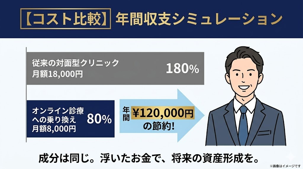 従来の対面型クリニック（月額18,000円）とオンライン診療（月額8,000円）の年間収支比較シミュレーション。成分は同じまま、年間で120,000円の節約が可能であることを示す比較図。