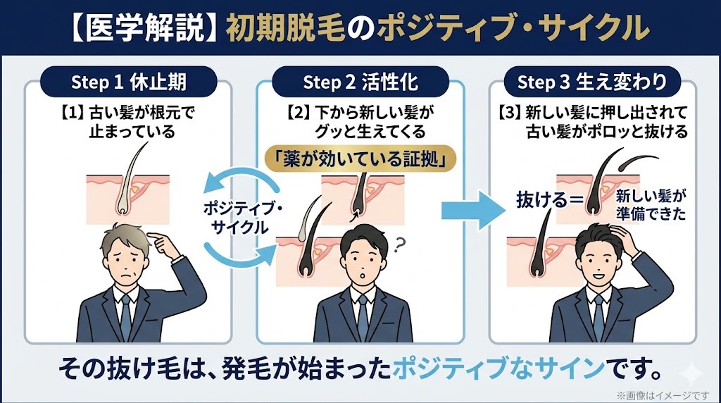 AGA治療の初期脱毛における「ポジティブ・サイクル」の解説図。休止期の古い髪が新しい髪に押し出されて抜ける仕組みを、Step 1（休止期）、Step 2（活性化）、Step 3（生え変わり）の3段階で説明している図解。