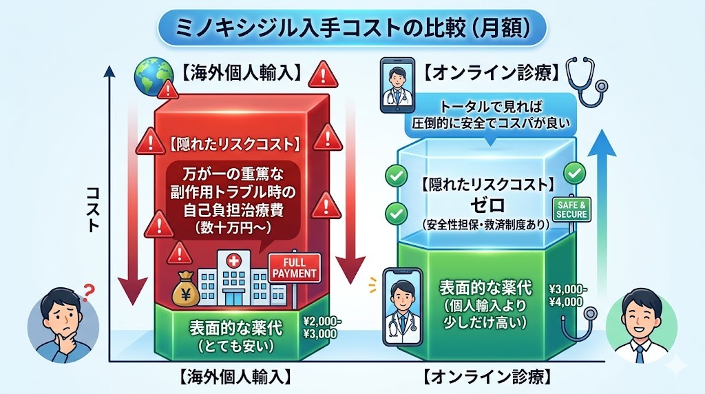 ミノキシジルの個人輸入とオンライン診療の月額費用および副作用トラブル時のリスクコスト比較グラフ