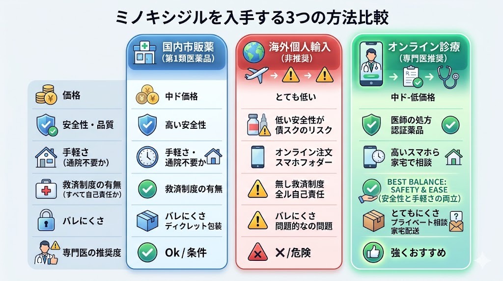 ミノキシジルを入手する3つの方法（市販薬、個人輸入、オンライン診療）の比較図解