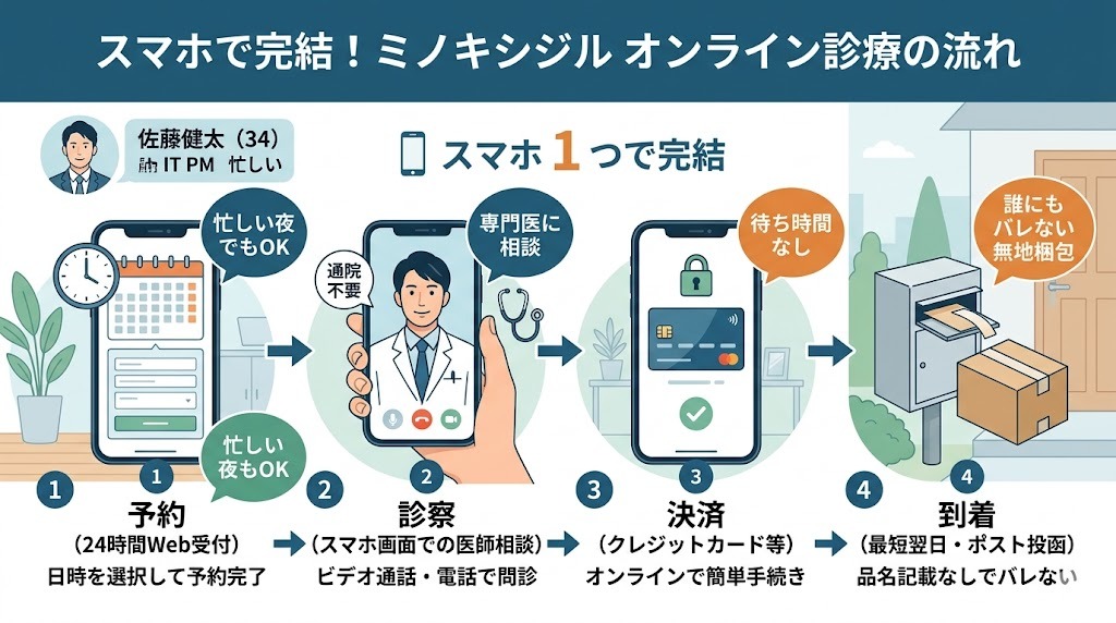 スマホで完結するミノキシジルオンライン診療の受診予約からお薬到着までのフローチャート