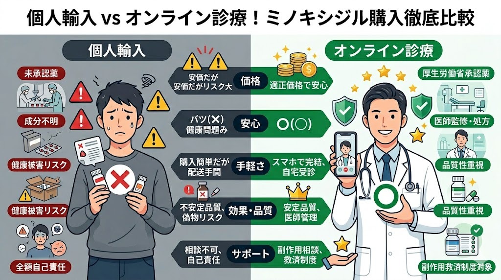 ミノキシジルの個人輸入とオンライン診療の価格・安全性比較インフォグラフィック