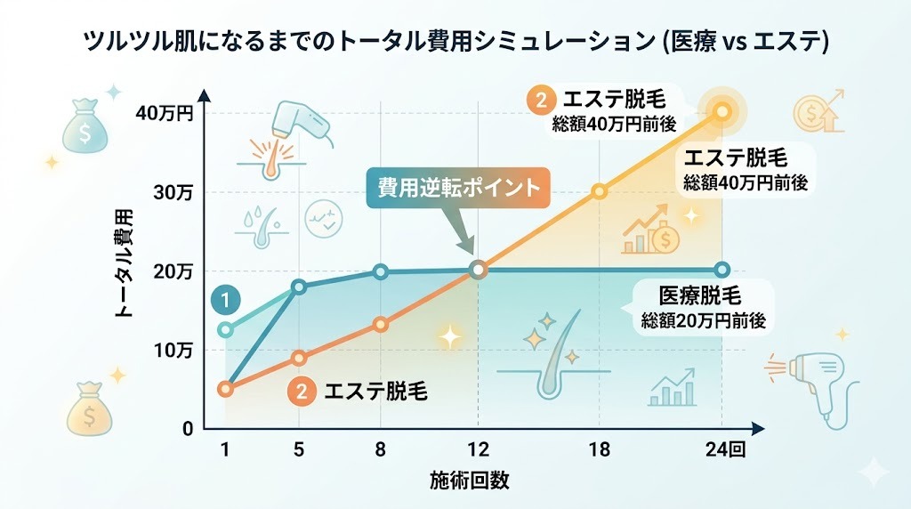 医療脱毛とエステ脱毛の完了までのトータル費用の推移を示す折れ線グラフ。医療脱毛は少ない回数で平坦になるのに対し、エステ脱毛は回数を重ねるごとに総額が上昇し、医療脱毛を追い越す様子。