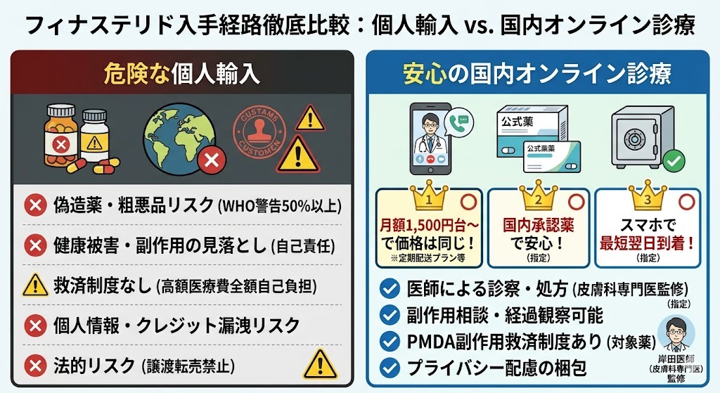 フィナステリド個人輸入と国内オンライン診療の価格・安心感・手軽さの比較表