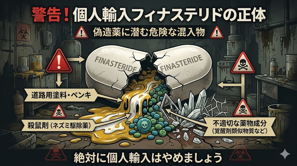 フィナステリド偽造薬に混入される有害物質（殺鼠剤・道路用塗料など）のリスク図解