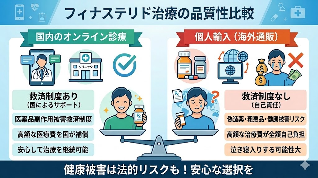 個人輸入薬は医薬品副作用被害救済制度の対象外（全額自己負担）となる仕組みの図解