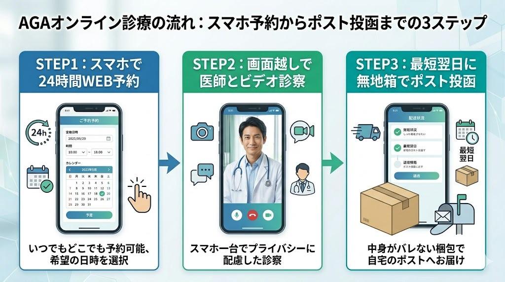 AGAオンライン診療の流れ：スマホ予約からビデオ通話、薬のポスト投函までの3ステップ