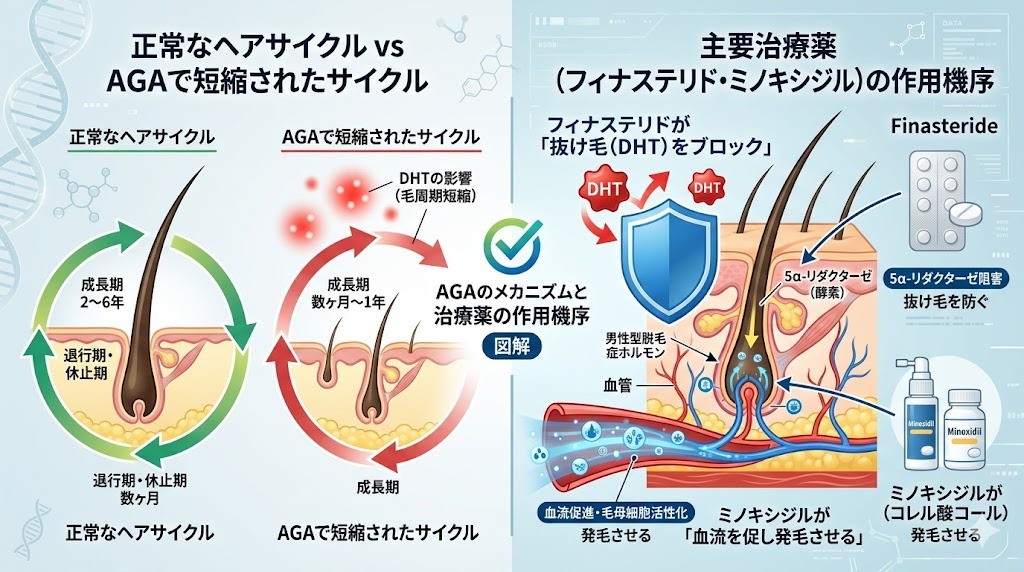 AGAのメカニズムと治療薬（フィナステリド・ミノキシジル）の作用機序を図解