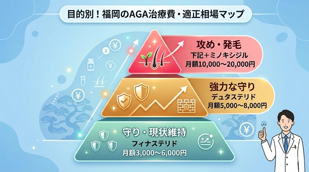 福岡のAGA治療費の適正相場：フィナステリド・デュタステリド・ミノキシジルの目的別月額費用