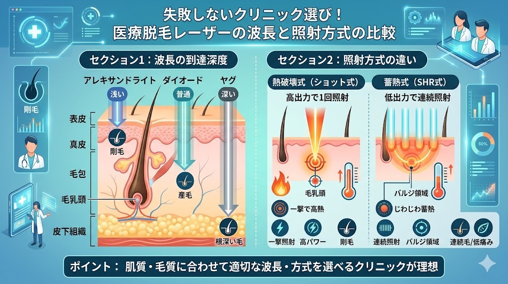 医療脱毛レーザーの3つの波長（アレキサンドライト、ダイオード、ヤグ）の到達深度と、2つの照射方式（熱破壊式、蓄熱式）の仕組みの違いを示す比較図