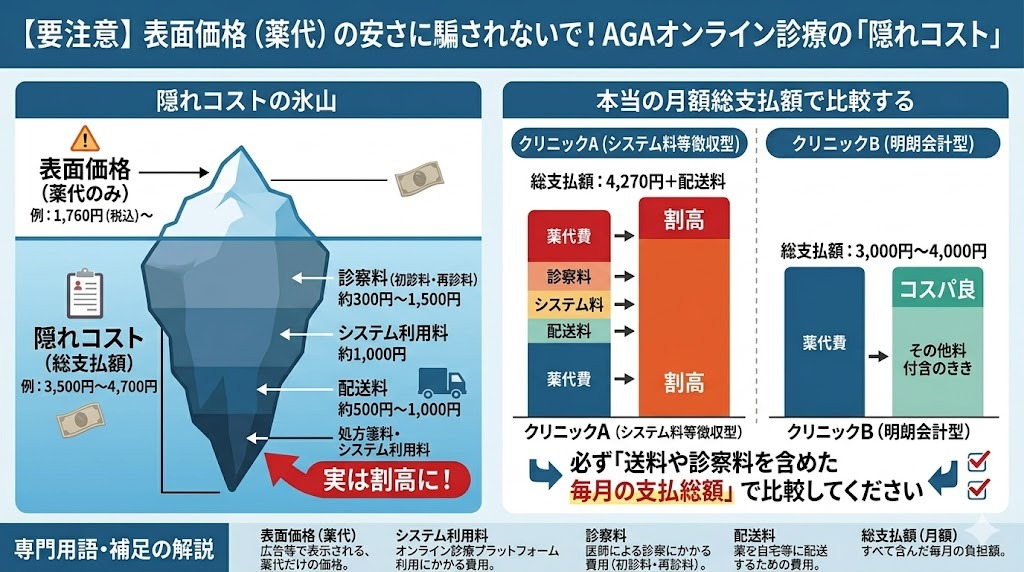 AGAオンライン診療の薬代以外にかかるシステム利用料や送料など隠れコストの比較表