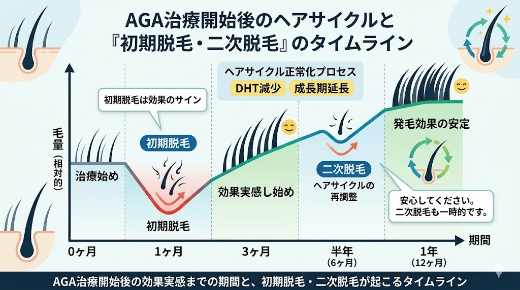 AGA治療開始後の効果実感までの期間と、初期脱毛・二次脱毛が起こるタイムライン