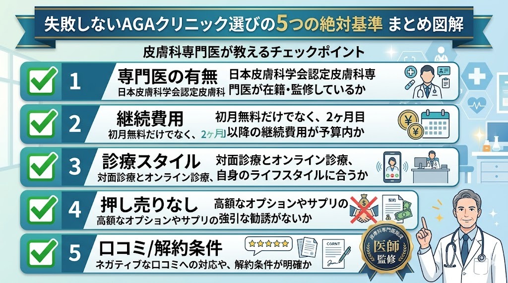 皮膚科専門医が教えるAGAクリニック選びで失敗しないための5つのチェックポイント