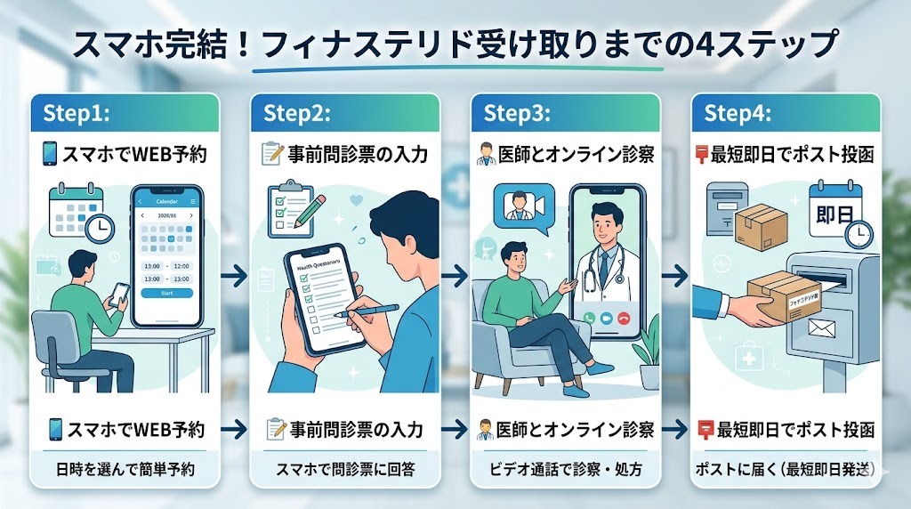 スマホ完結のオンライン診療でフィナステリドを予約してから自宅のポストに届くまでの4ステップの流れ