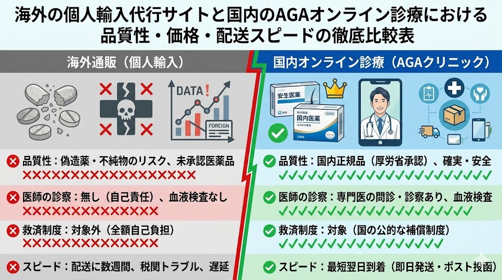 海外の個人輸入代行サイトと国内のAGAオンライン診療における安全性・価格・配送スピードの徹底比較表