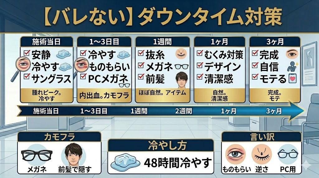 施術当日から3ヶ月後までのダウンタイム経過と、メガネや言い訳を活用したバレない時系列対策表