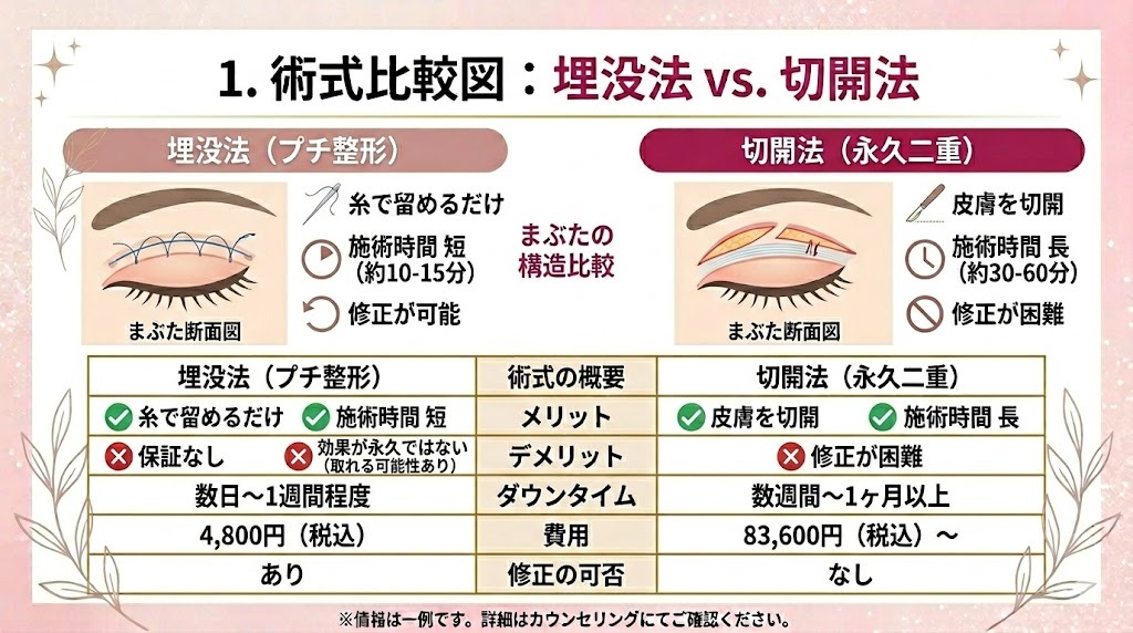 埋没法と切開法の二重整形術式比較図。それぞれの仕組み（糸、切開）、メリット、デメリット、ダウンタイムをイラストと表で図解。