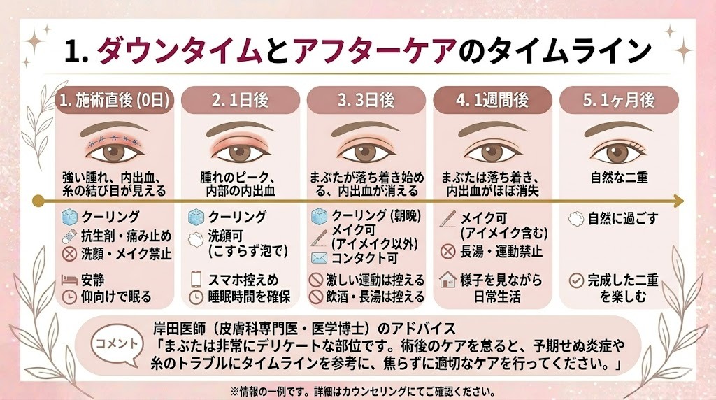 TCBの二重整形埋没法のダウンタイムとアフターケアのタイムライン。施術直後、1日後（腫れピーク）、3日後、1週間後、1ヶ月後（完成）までのまぶたの状態と、クーリング、洗顔、メイク、運動などの具体的なケアと注意事項をイラストとテキストで段階的に解説。
