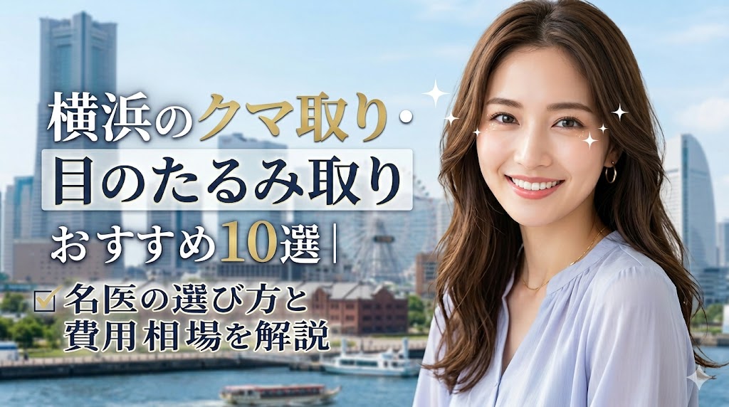 横浜でのクマ取り・目のたるみ取りおすすめクリニック10選の紹介画像。みなとみらいの風景を背景に、明るい表情の女性と「名医の選び方・費用相場」のテキスト。