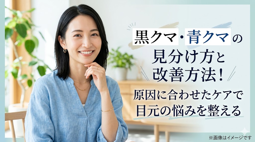 「黒クマ・青クマの見分け方と改善方法!原因に合わせたケアで目元の悩みを整える」の文字と、笑顔の女性のイラスト。