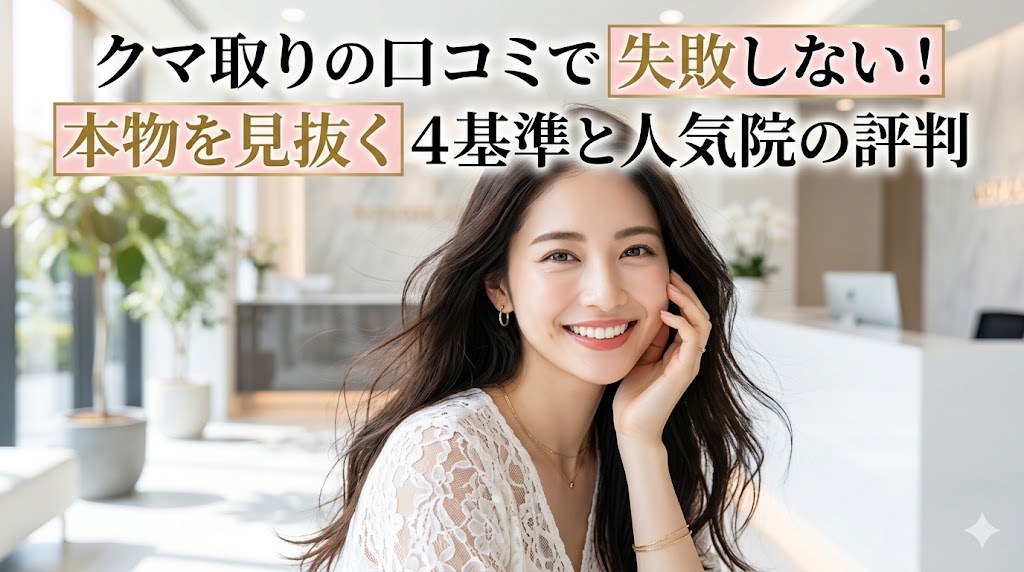 明るい美容クリニックの受付で笑顔を見せる女性のイラスト。「クマ取りの口コミで失敗しない!本物を見抜く4基準と人気院の評判」という文字が書かれた記事のメインビジュアル。