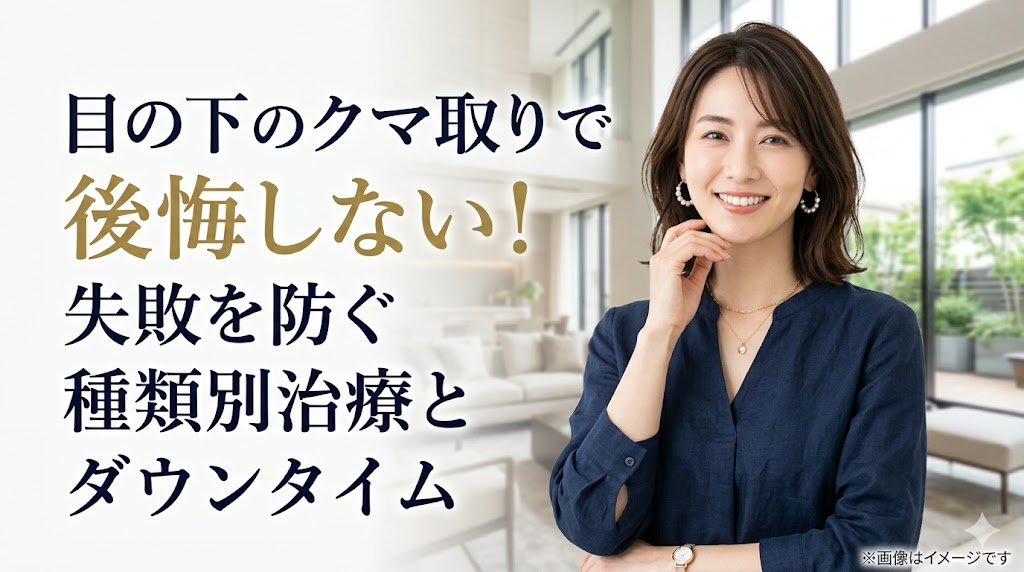 「目の下のクマ取りで後悔しない！失敗を防ぐ種類別治療とダウンタイム」というテキストと、晴れやかな笑顔の女性の画像。目の下のクマ治療に関するまとめコンテンツのメイン画像。