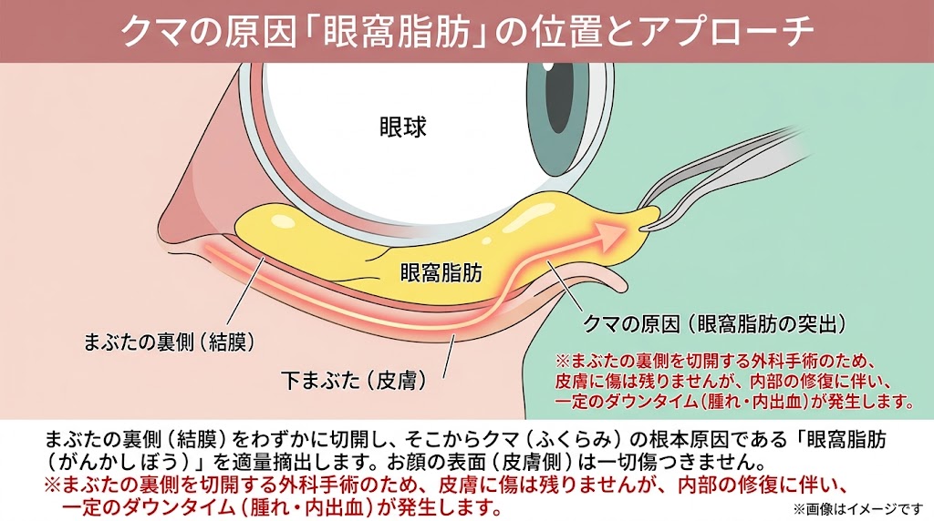 下まぶたの裏側(結膜)を切開してクマの原因となる眼窩脂肪を抽出する手術方法の解説イラスト