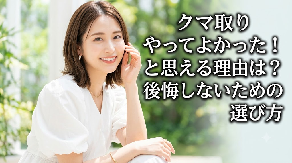 記事のアイキャッチ画像。明るい緑を背景にした笑顔の女性の写真に、「クマ取りやってよかった!と思える理由は?後悔しないための選び方」というタイトル文字が入っています。