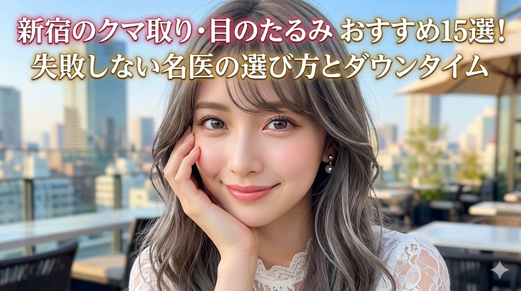 新宿のクマ取り・目のたるみ おすすめ15選！失敗しない名医の選び方とダウンタイムのアイキャッチ画像。背景に街並みが広がるテラスで微笑む女性