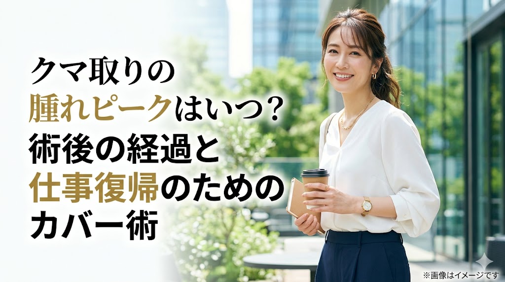 クマ取り術後の経過や仕事復帰について解説するアイキャッチ画像。オフィス街でコーヒーを持ち、晴れやかに笑うビジネス街の女性の背景。