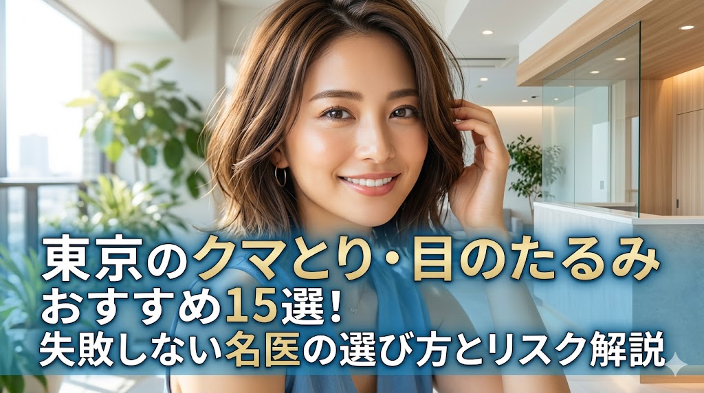 東京のクマとり・目のたるみおすすめ15選！失敗しない名医の選び方とリスク解説のアイキャッチ画像（笑顔の女性とクリニックの背景）